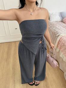 SHEIN EZwear 两件套加大码女装夏季纯色侧抽绳露脐上衣和裤子时尚套装 - 灰色 - 查看 5