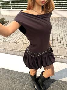 MainGRL American Casual Sports Brown Asymmetric Waist Eyelet Decor A-Line Dress, Spring/Summer - Brown - View 5