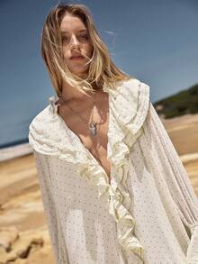 MOTF STUDIO VESTIDO CORTO HOLGADO DE MUJER CON ESTAMPADO FLORAL DE GASA, VOLANTES Y ENCAJE PARCHE, PRIMAVERA/VERANO - Amarillo claro - Ver 2