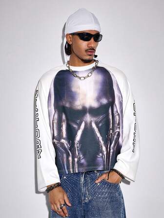 Street Life Herren Kontrast-Farbiges Raglan-Ärmel T-Shirt mit dunklem Charakterdruck