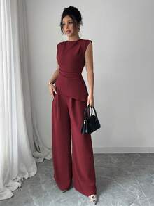 Rafferiza 2pcs/Set Women Solid Color Textured Pleated Round Neck Sleeveless Top - Burgundy - View 3