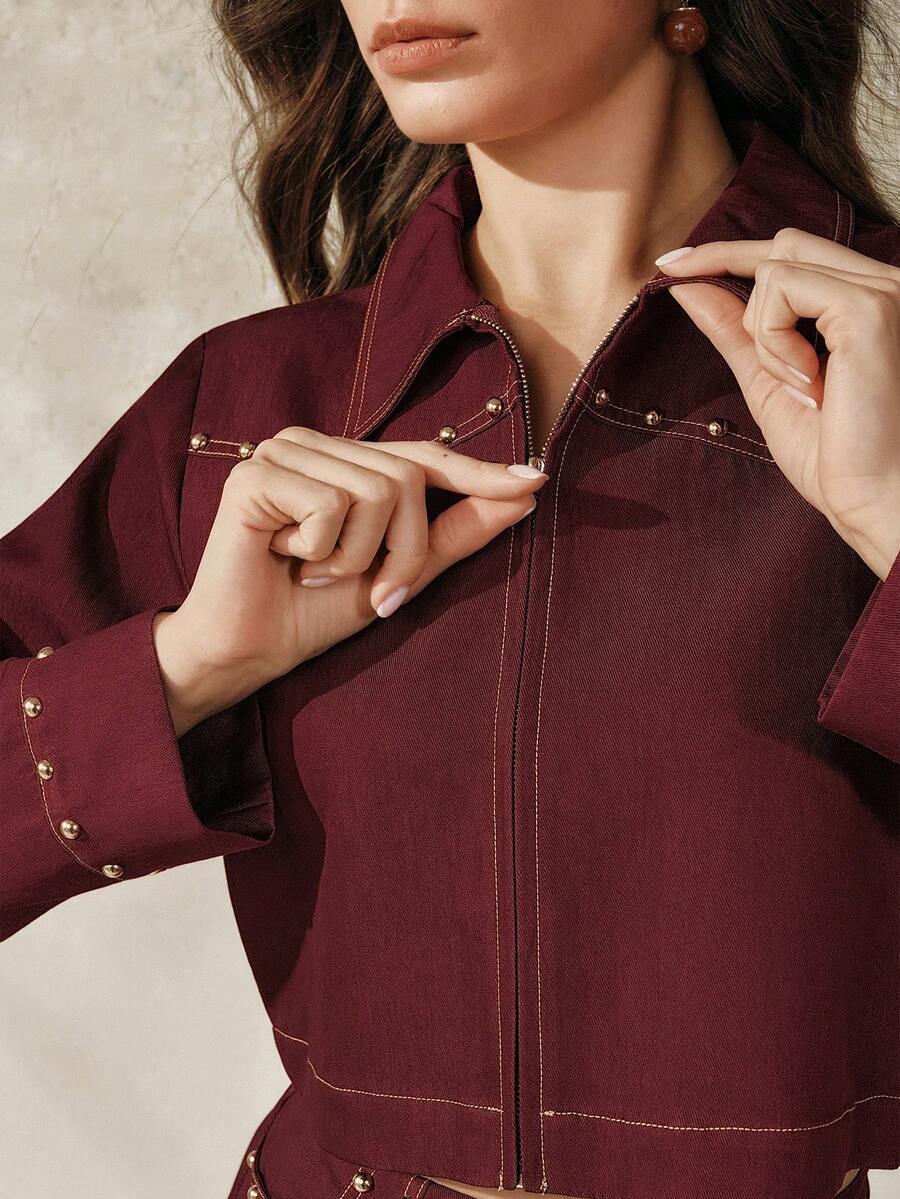 Anewsta Women's Jacket Coat, Retro Chic Luxury Elegant Heavy Craft Rivet Decor Contrast Trim Fitted Short Jacket For Women - Burgundy - View 1