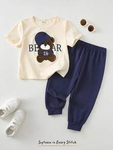 Cozy Pixies 2pcs/Set Young Boy Cartoon Bear Pattern Knit Soft Round Neck Short Sleeve Top And Elastic Waist Pants Set,Boy Cotton Linen Summer Outfit Clothes - Blue - View 3