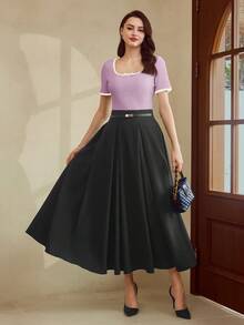 Vintamour Áo thun nữ cổ điển thanh lịch, kiểu dáng vintage, áo thun ôm dáng phối nơ tương phản, màu mơ, tay ngắn, thích hợp cho mùa xuân/hè. - Màu tím hoa cà - Xem 5