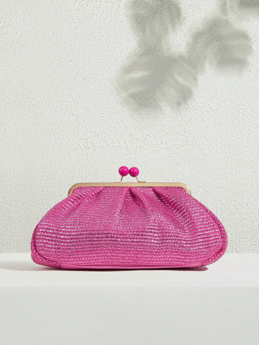 SHECARRY 女士手拿包，草编包，草编手提包，亮粉色，时尚，优雅，简约，个性化，百搭，经典，适合海滩、度假、假日、夏季、海边、沙滩派对 - 玫紅金屬 - 查看 1