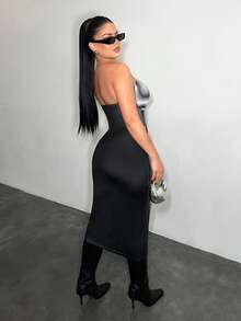 SHEIN SXY Polka Dot Print Fitted Sexy Mid-Length Dress,Carnival,Party,Rave Outfit ,Summer, Spring,Going Out,Y2K, Going Out - Black and White - View 2