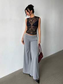 Aloruh Black Lace Asymmetric Neck Sheer Top, Music Festival Party Blouse, Summer Women Clothing, Easter/Concert Music Festival Holiday - Black - View 5