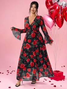 Elenzga Đầm Valentine cỡ lớn dành cho nữ, thanh lịch, cổ chữ V, hai lớp, tay bồng, xẻ cao, họa tiết hoa hồng, thích hợp cho buổi hẹn hò lãng mạn ngày Valentine. - Nhiều màu - Xem 9