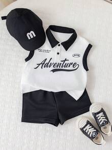 SHEIN Bộ 2 món áo polo tay ngắn và quần short phối màu cho bé trai, quần áo mùa xuân/hè, trang phục đường phố. - Đen và trắng - Xem 6