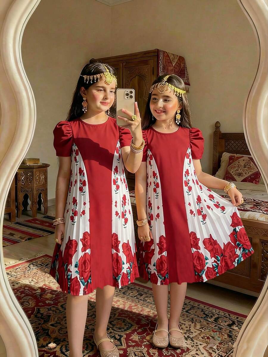 Girls' Fuchsia Abaya Kaftan Jalabiya Tunic, Middle Eastern Muslim National Flower Sudani Rose Print Patchwork Contrast Color Pleated Print Traditional Conservative Elegant Fashionable Dress Kids Rose Print Dress Girls Floral Dress