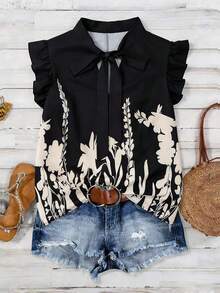 Linhara 大码梭织印花优雅夏季女式度假衬衫 - 黑色 - 查看 3