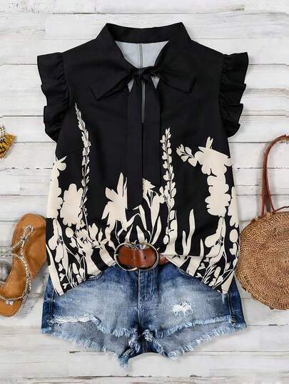 Linhara 大码梭织印花优雅夏季女式度假衬衫