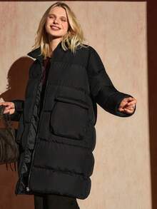 SHEIN Women's Solid Buckle Detailed Belted Hooded Casual Winter Coat - Black - View 3