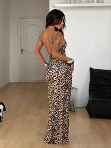 Coolane Women's Spring/Summer Y2K Going Out Rave Outfit Renaissance Fair Club Outfits Party Hippie Music Festival Country Concert Coachella Leopard Graphics Backless Maxi Dress - Brown - View 2