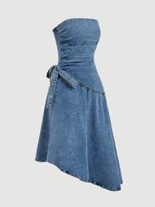 SHEIN MOD 女士休闲不对称下摆抹胸牛仔连衣裙，夏季 - 藍色 - 查看 5