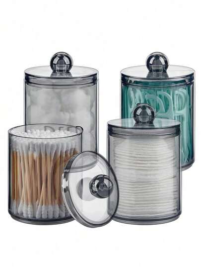 4 piezas Caja de almacenamiento transparente para varilla de limpieza, almohadilla redonda y palillo dental - Juego de frascos de plástico transparente de 10 onzas, adecuado para el baño y el tocador, caja de almacenamiento de maquillaje negra