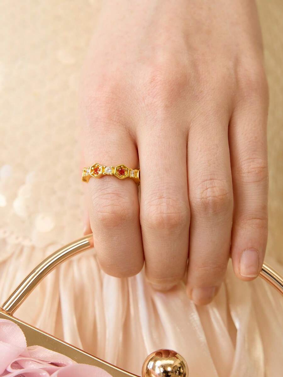 MOTF PREMIUM Anillo sencillo con diamante en forma de rombo enchapado en oro de 18K - Naranja - Ver 2
