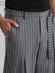 HUEFORM 男士休闲灰色条纹系带裤，独特腰带设计，春夏款 - 深灰色 - 查看 4