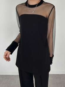 FRIFUL Women's Solid Black Mesh Patchwork Casual Versatile 2 Pieces Set - Black - View 3