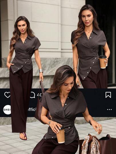 Editum Dames zomerblouse met strepenprint, knoopsluiting, asymmetrische zoom, korte vleermuismouwen en een wikkelmodel. Elegant voor de herfst, geschikt voor woon-werkverkeer, uitstapjes en casual gelegenheden.