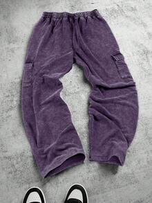 PAVTROS 男士休闲水洗工装运动裤，黑色抽绳腰带，黑色工装牛仔裤，男士宽松工装裤，宽松版型工装裤，男士水洗黑色工装裤，男士黑色工装裤，宽松工装休闲裤，宽松裤，运动裤，慢跑裤，宽松 - 紫色 - 查看 2