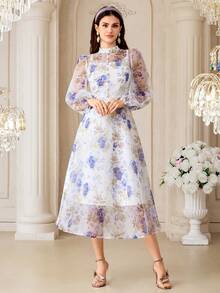 Modelyn Women's Floral Print Stand Collar Lantern Sleeve Elegant Mid-Length Dress - Blue - View 3