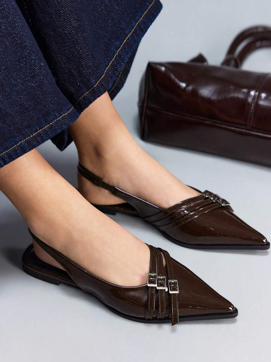 CUCCOO GRLICON Giày sandal da bóng cổ điển mũi nhọn, khóa đôi, gót thấp, quai hậu, đa năng, độc đáo, chất liệu cao cấp, giày nữ kiểu Pháp thanh lịch, giày da bóng mũi nhọn gót thấp, thiết kế khóa đôi phía sau, thoải mái khi mang hàng ngày, thích hợp cho ngày Valentine. - Cà phê nâu - Xem 1