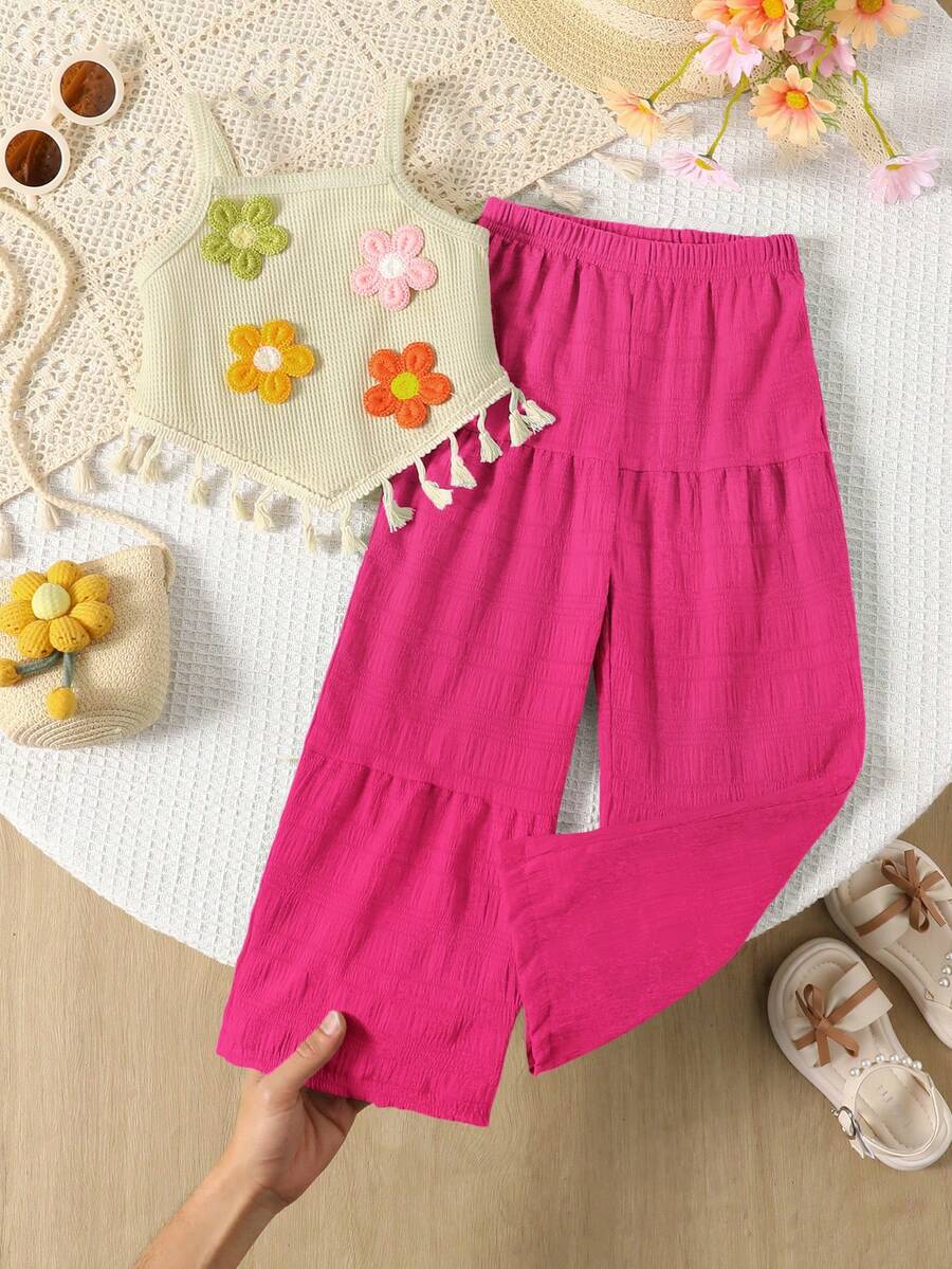 SHEIN Elladie kids 2pcs/Set Girls' Summer Creative 3D Embroidery Decor Camisole With Lace Trim Asymmetrical Hem & Casual Pants Set - Hot Pink - View 1