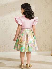 Girls Light Pink Summer Party Elegant Set,3D Floral Applique Ruffle Armhole Puff Sleeve Top And Jacquard Skirt,Pastel Flower Embroidered Blouse Dress - Pink - View 2