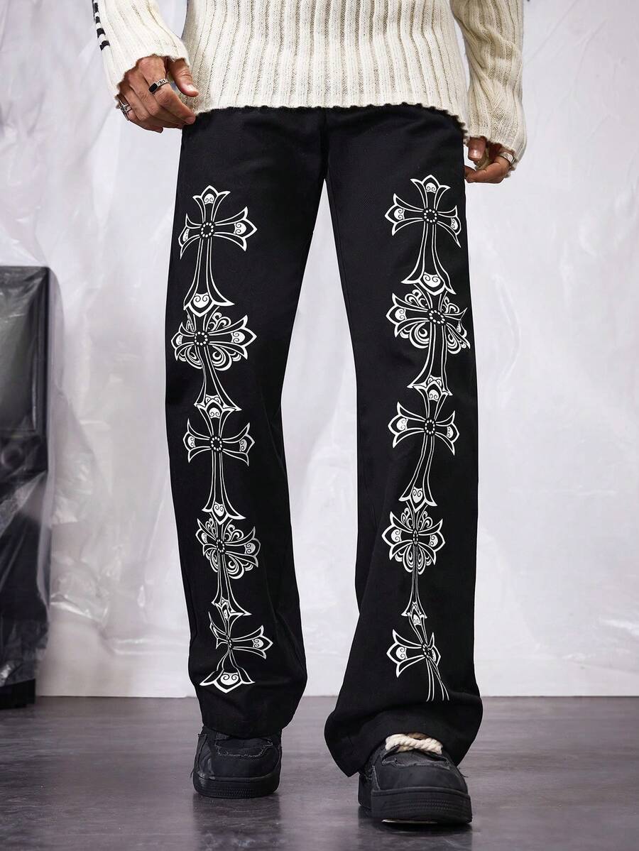 Manfinity VCAY Men's Loose Wide Leg Print Flared Pants - Black - View 1