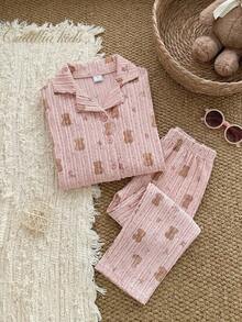 Young Girls Toddler Loungewear Set - Pink Cute Bear Elements Textured Waffle Knit Fabric Cardigan Long Sleeve And Long Pants Set Combination - Spring To Summer Home Vacation Valentine's Day Essential Kids Night Wear Pajama Set For Girls Girls Lounge Sets - Pink - View 5