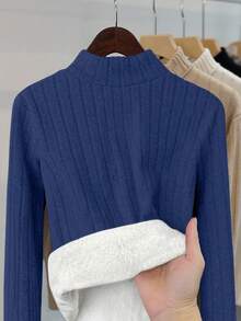 INAWLY 女士保暖修身纯色罗纹长袖T恤 - 寶藍色 - 查看 4