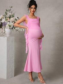 Momance Maternity Mesh Ruffle Front Panel Double Layer Fish Tail Hem Open Slit Maxi Dress