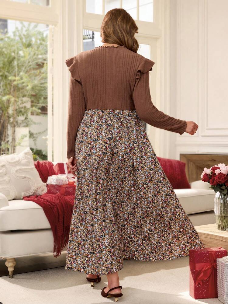 Plus Size Casual Ruffle Floral Patchwork Dress, Spring