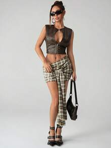 SHEIN ICON Women's Summer Fashion Daily Street Casual Plaid Print Pleated Twist Waist Mini Bodycon Skirt - Khaki - View 2