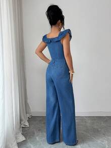 Elenzga 女士荷叶边领拼接牛仔连体裤，半开襟纽扣设计，喇叭袖 - 藍色 - 查看 2