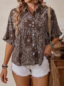 LanaWest Women's Casual Printed Batwing Sleeve Single-Breasted Pleated Casual Shirt - Brown - View 1