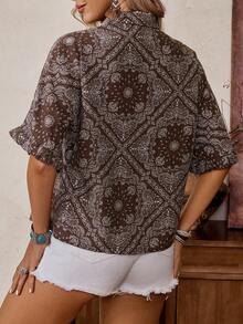 LanaWest Women's Casual Printed Batwing Sleeve Single-Breasted Pleated Casual Shirt - Brown - View 2