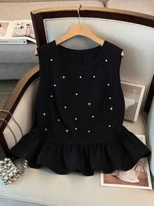 GlowEve CURVE 大码女式珍珠装饰优雅吊带背心，复古奢华优雅度假及办公服饰 - 黑色 - 查看 3