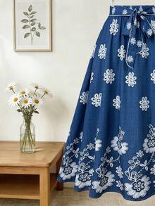 Franclia Chân váy chữ A in hoa thanh lịch, kiểu dáng thường ngày dành cho nữ cỡ lớn. - Màu xanh lam - Xem 4