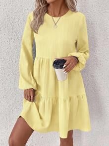 EMERY ROSE Women's Solid Color Minimalist Casual Round Neck Long Sleeve Dress - Light Yellow - View 6