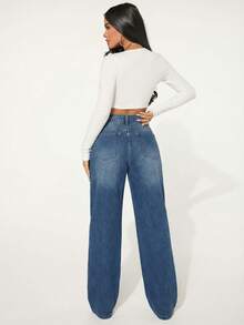 SHEIN SXY 休闲水洗做旧直筒牛仔裤 - 藍色 - 查看 2