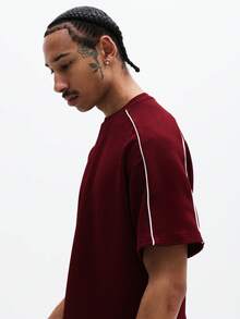 SUMWON Men's Short Sleeve Crew Neck Tee With White Contrast Piping Detail Regular Fit Essentials Top - Burgundy - View 5