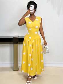 Xyvia Rochie lungă casual cu buline, de primăvară/vară, cu decolteu în V, pentru femei, proaspătă și tinerească, potrivită pentru naveta și întâlniri - Galben de gâscă - Vizualizare 5