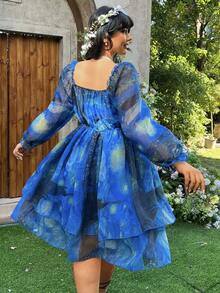 Lyrianda 大码女式优雅甜美公主宫廷风雪纺欧根纱度假仙女高腰A字层叠星空印花中长连衣裙 - 藍色 - 查看 2