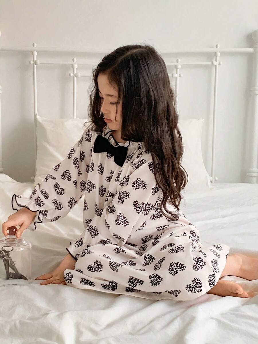 DAZY Young Girls Heart Print Long Sleeve Nightgown Loungewear Spring - Apricot - View 1