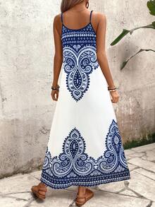 EMERY ROSE Women's Blue & White Bohemian Print Deep V-Neck Backless Loose A-Line Casual Dress, Chic Elegant Minimalist French Vintage Romantic Suitable For Daily, Commute, Beach Vacation, Spring/Summer Sleeveless Maxi Dress - Multicolor - View 2