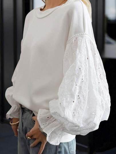 DAZY 女士圆领烧花刺绣荷叶边袖口休闲日常长袖T恤