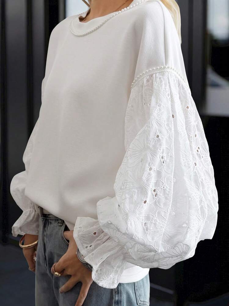 Women's Round Neck Burnout Embroidery Ruffle Cuff Casual Everyday Long Sleeve T-Shirt