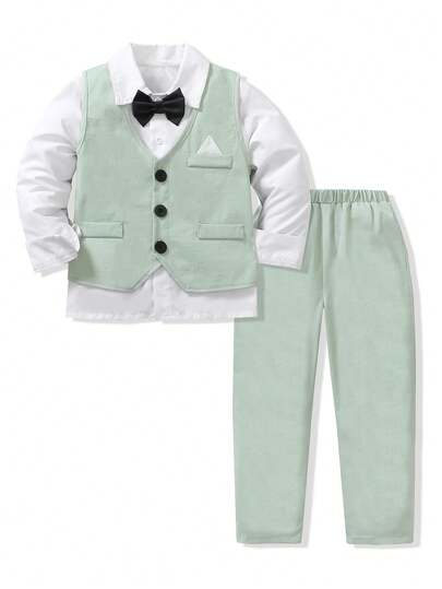 2 piezas Conjunto de chaleco y pantalón de unicolor y diseño minimalista para niños, sin accesorios, adecuado para fiesta de cumpleaños, fiesta de noche, boda, bautizo, Día de San Valentín